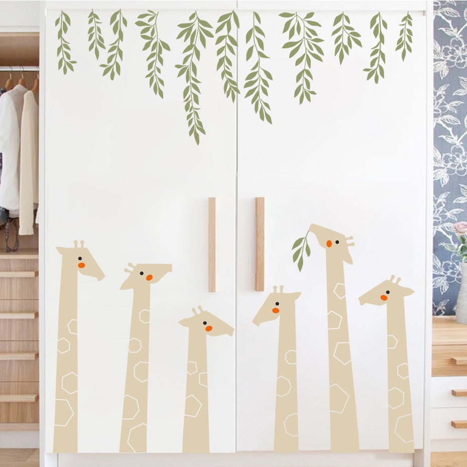 Cartoon Wall Decals Giraffe Green Leaves