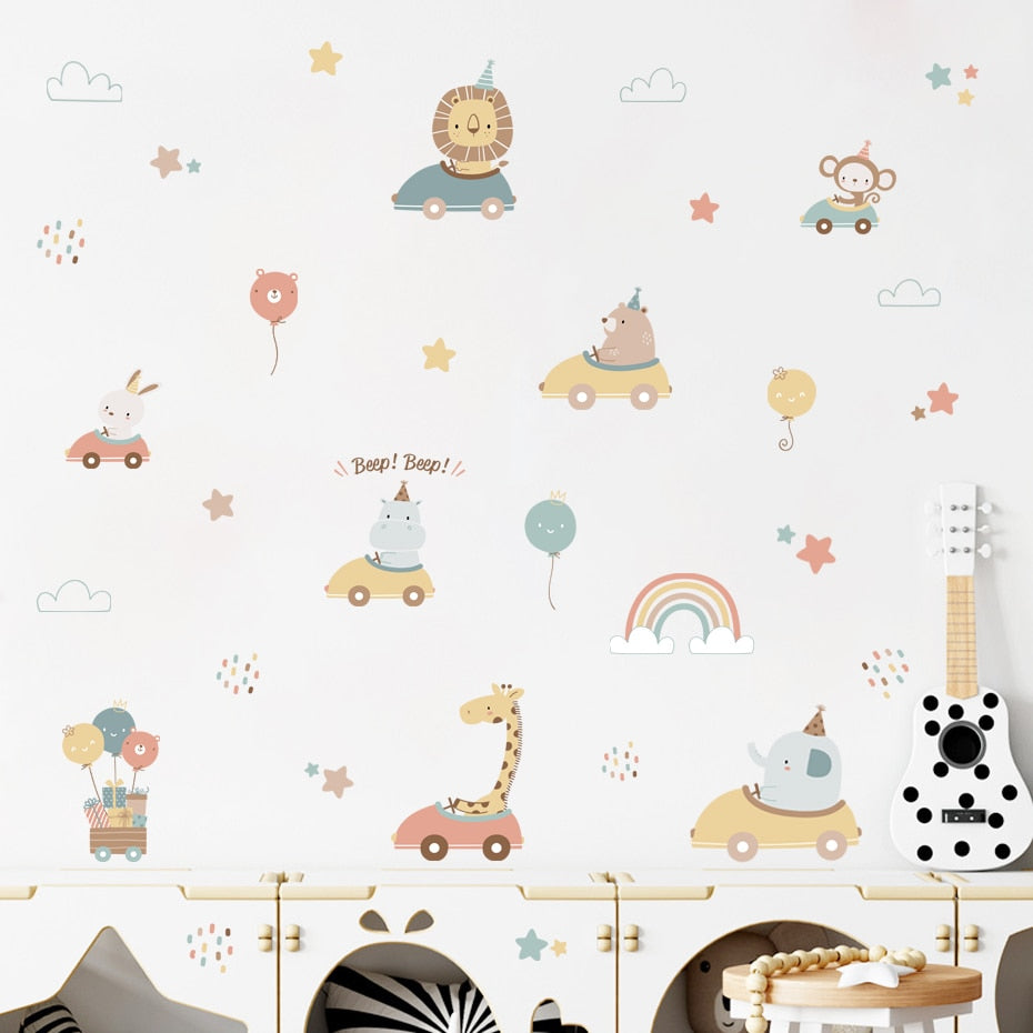 Cartoon Wall Decals Animals and Rainbow