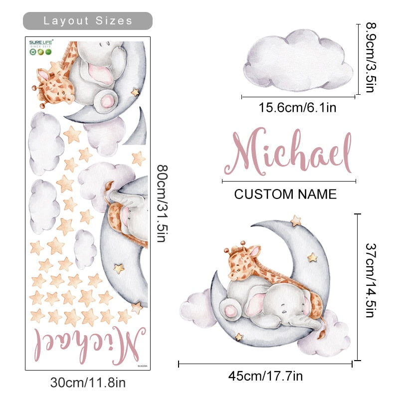 Custom Name Wall Decals Animals Moon Stars