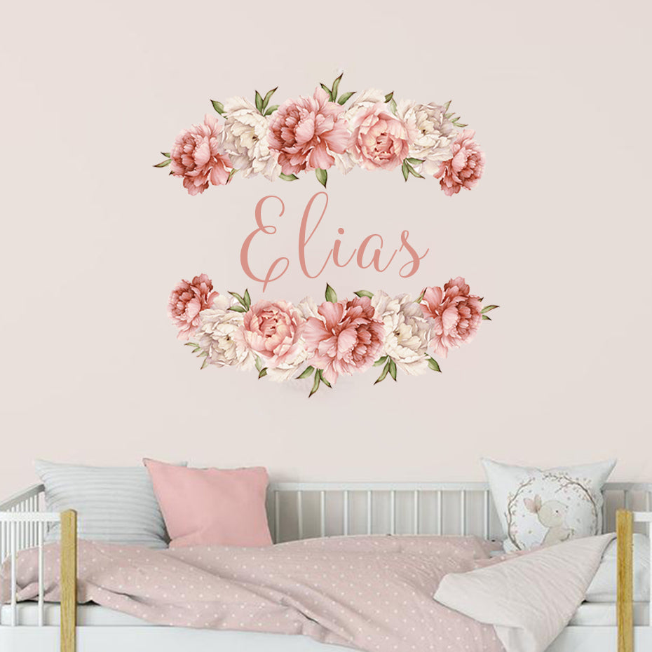Custom Name Wall Decal Peonies