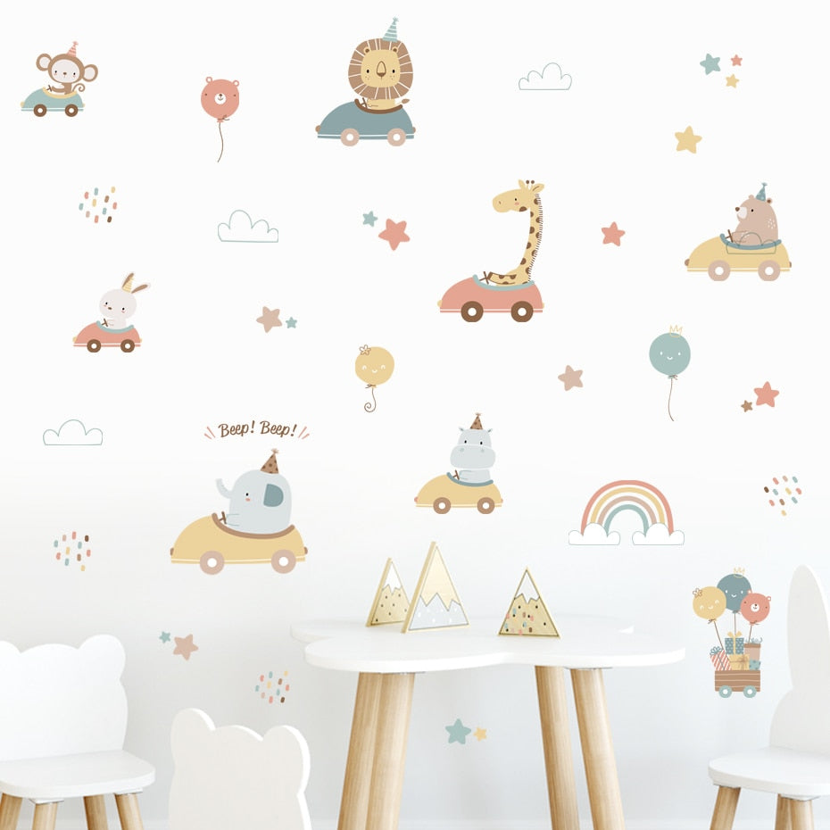 Cartoon Wall Decals Animals and Rainbow