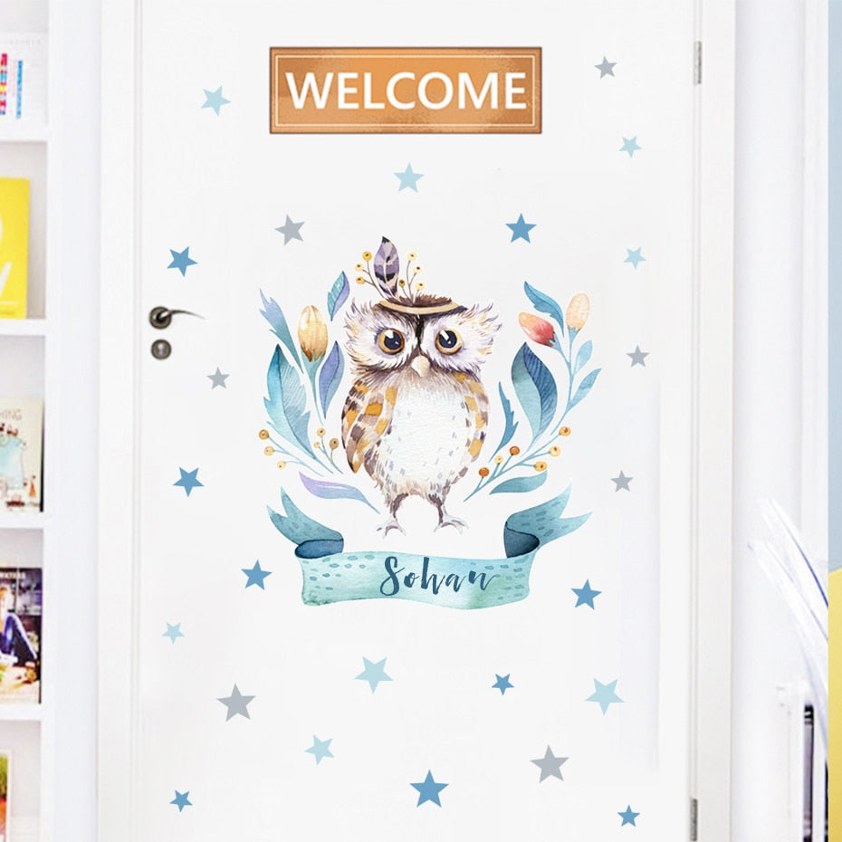 Custom Name Wall Decals Owl Tribe Leaves