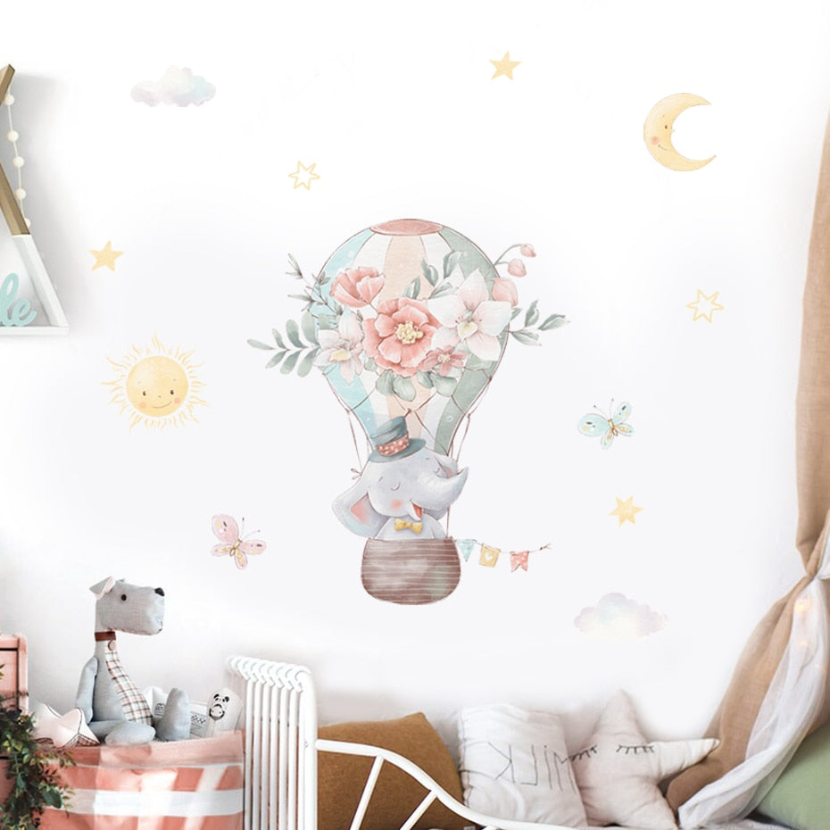 Cartoon Wall Decals Elephant Hot Air Balloon