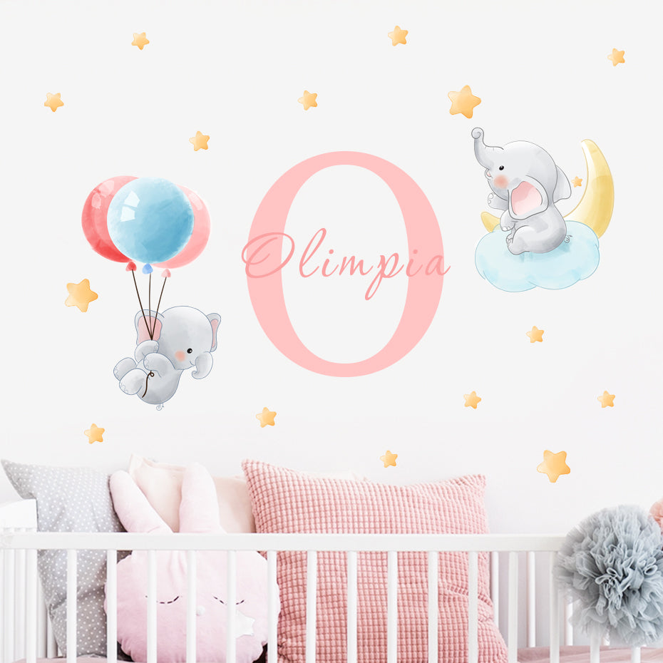 Custom Name Wall Decals Cute Elephant Air Balloon