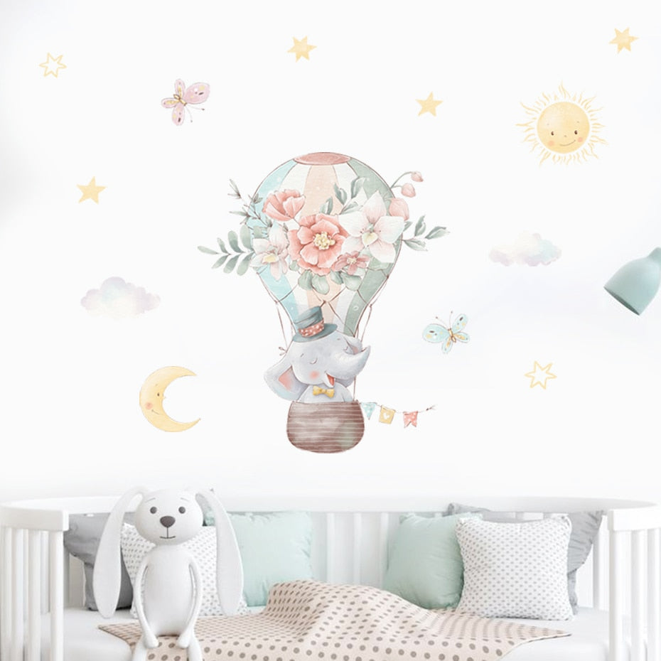 Cartoon Wall Decals Elephant Hot Air Balloon