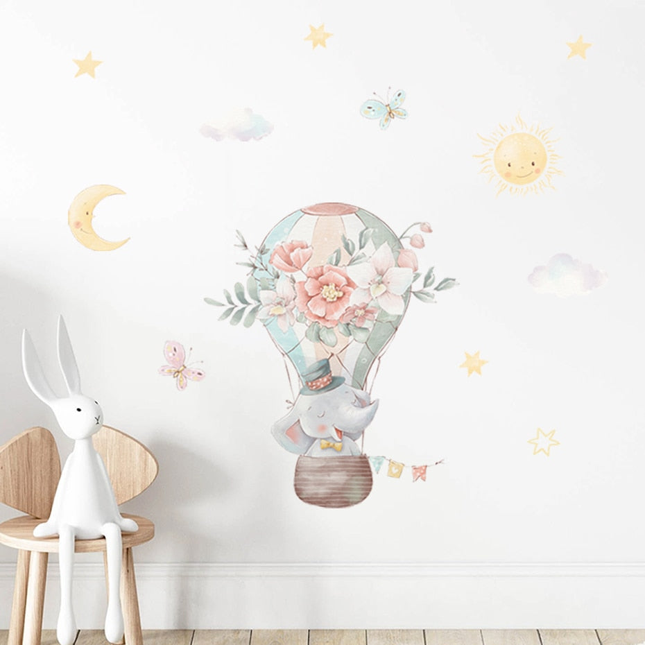 Cartoon Wall Decals Elephant Hot Air Balloon