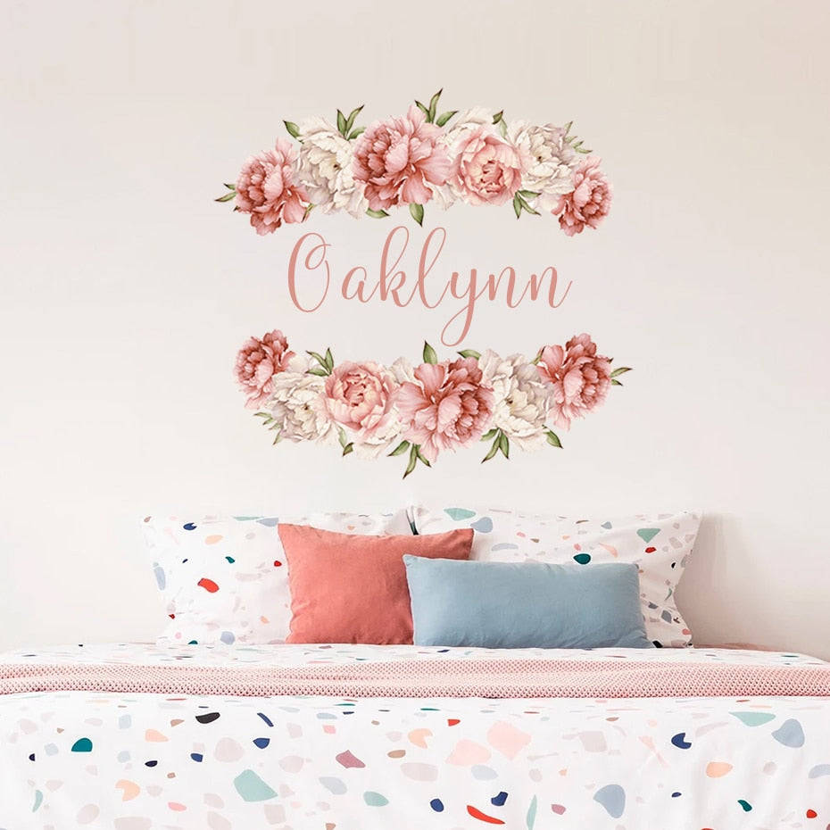 Custom Name Wall Decal Peonies