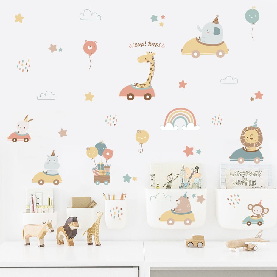 Cartoon Wall Decals Animals and Rainbow