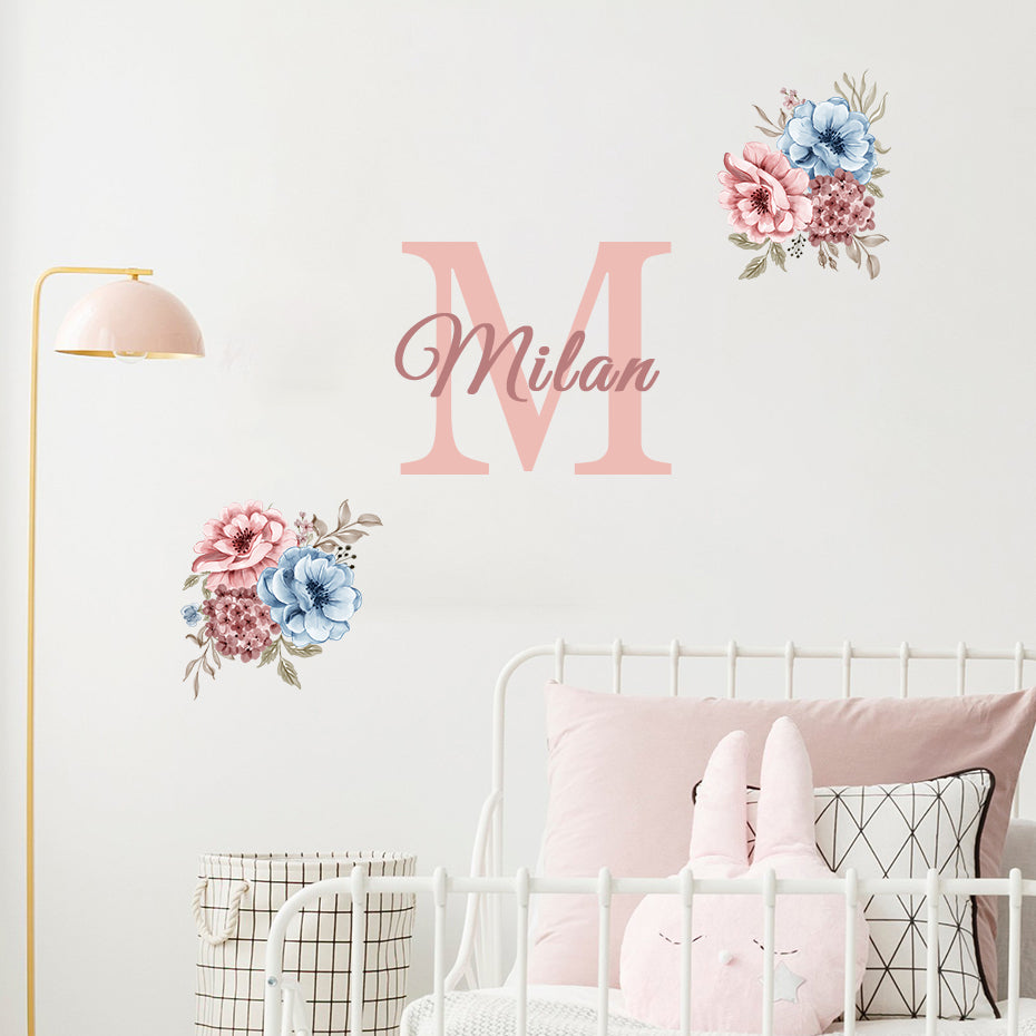 Custom Initial Name Wall Decals Pink Peonies