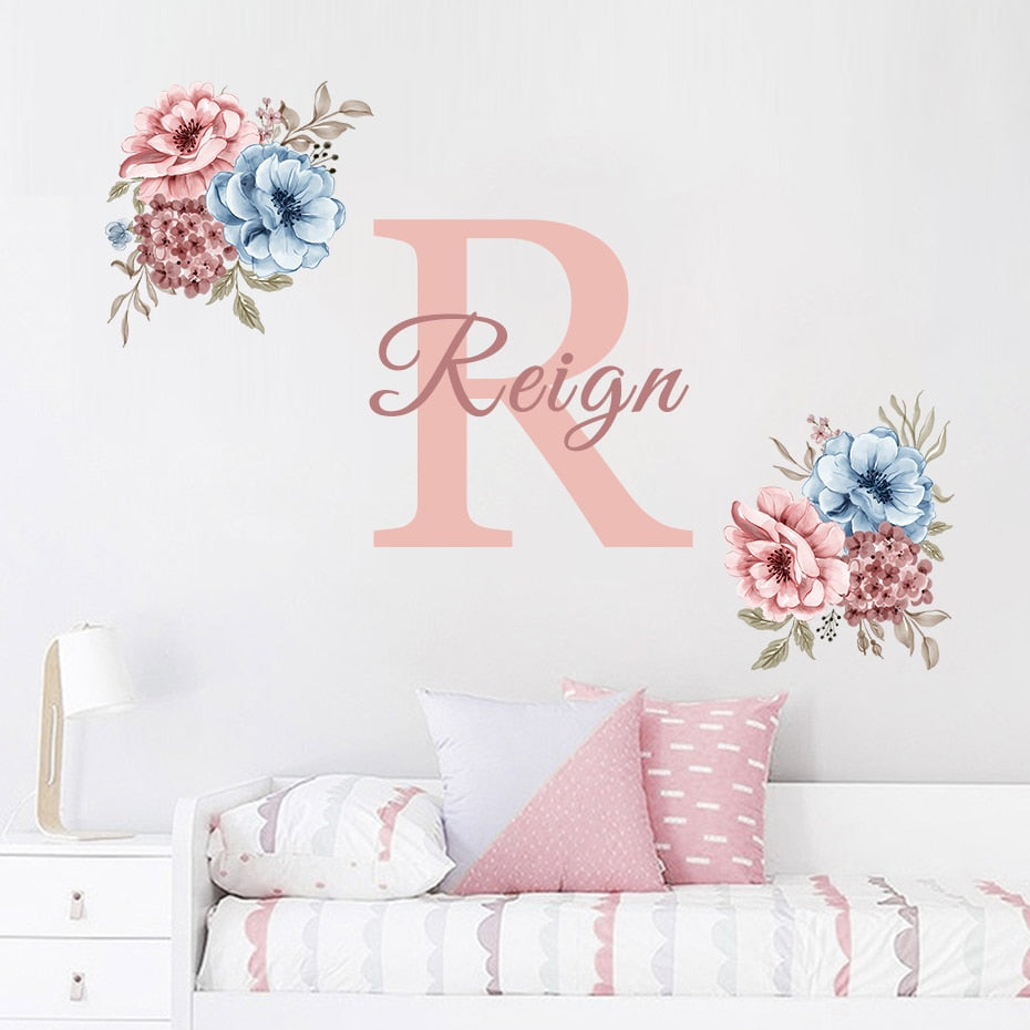 Custom Initial Name Wall Decals Pink Peonies