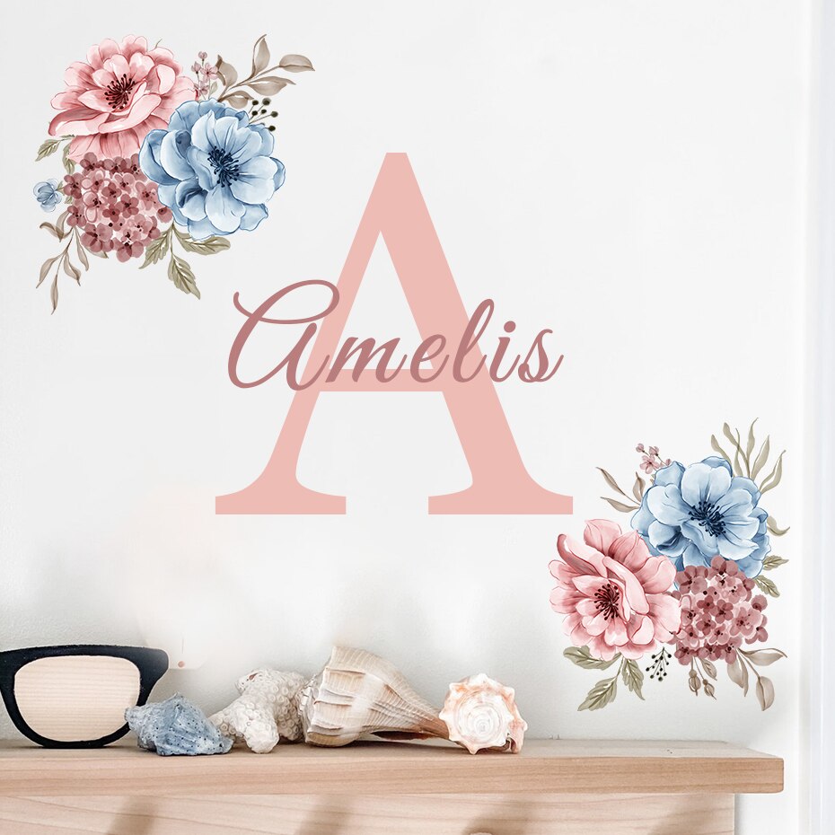 Custom Initial Name Wall Decals Pink Peonies