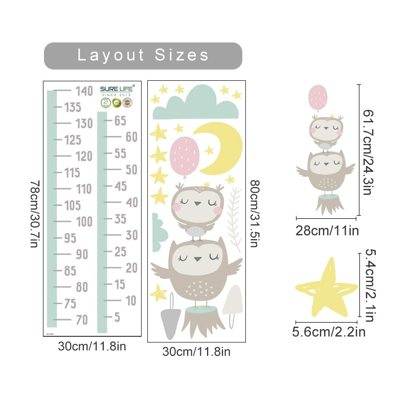 Height Measurement Owl Clouds Stars Wall Decals