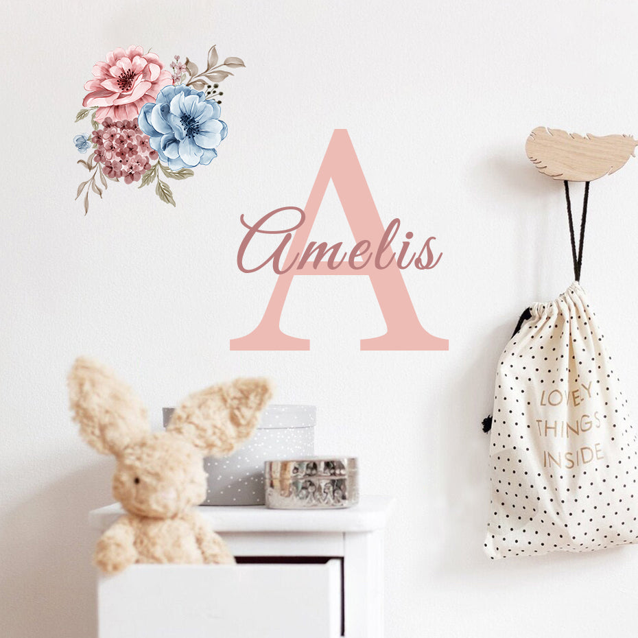 Custom Initial Name Wall Decals Pink Peonies