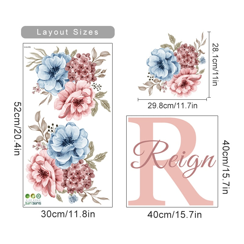 Custom Initial Name Wall Decals Pink Peonies