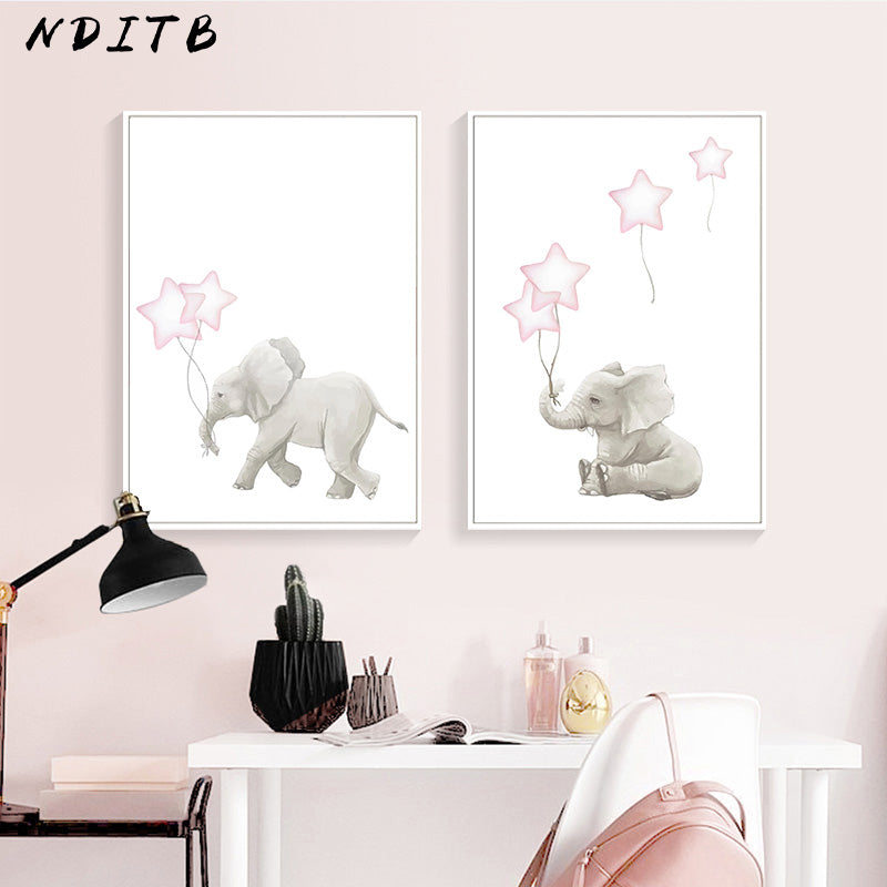 Elephant And Heart Balloons Nursery Canvas Posters