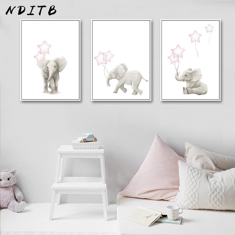 Elephant And Heart Balloons Nursery Canvas Posters